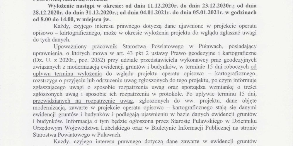 ! Informacja Starosty Puławskiego o wyłożeniu projektu operatu opisowo-kartograficznych modernizacji ewidencji gruntów i budynków
