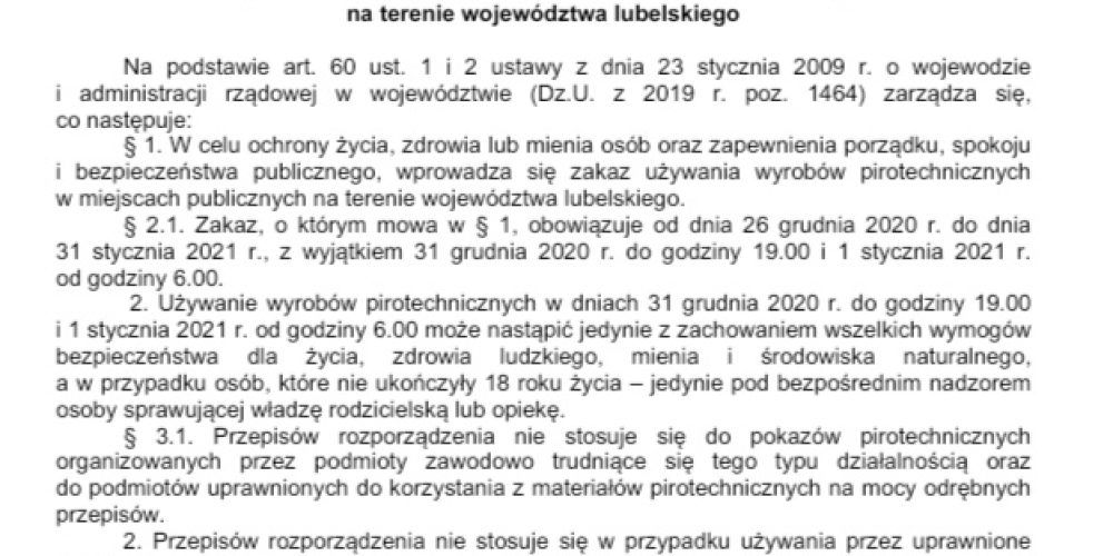 Obwieszczenie Wojewody Lubelskiego w sprawie ograniczenia używania materiałów pirotechnicznych