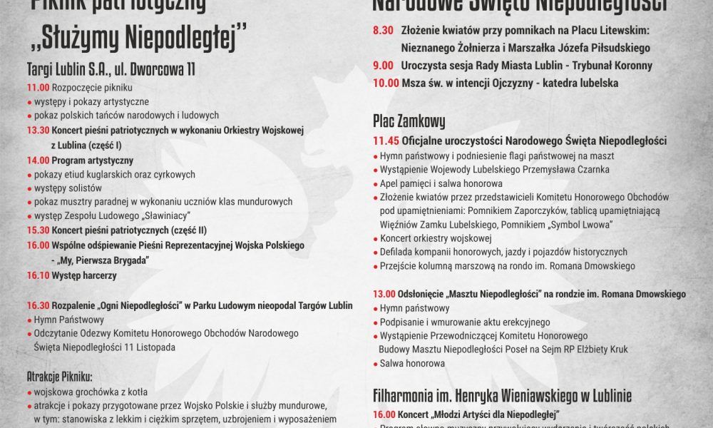 Wojewoda Lubelski zaprasza na obchody 100. rocznicy Odzyskania Niepodległości przez Polskę ,Lublin 10-11.11.2018 r.