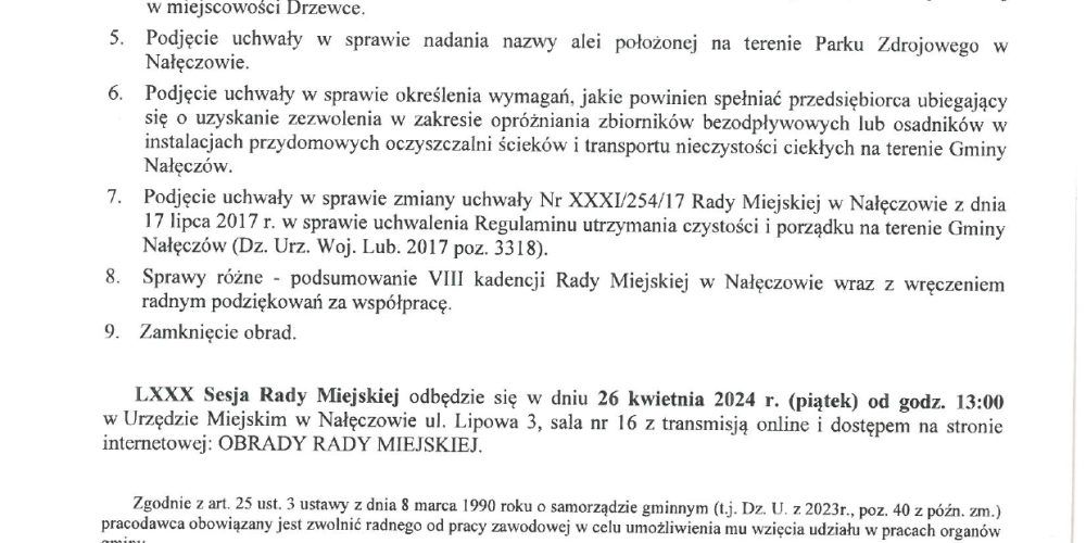 Informacja o LXXX Nadzwyczajnej Sesji RM w Nałęczowie w dniu 26.04.2024