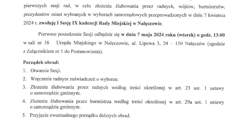 Informacja o I Sesji IX Kadencji RM w Nałęczowie w dniu 07.05.2024